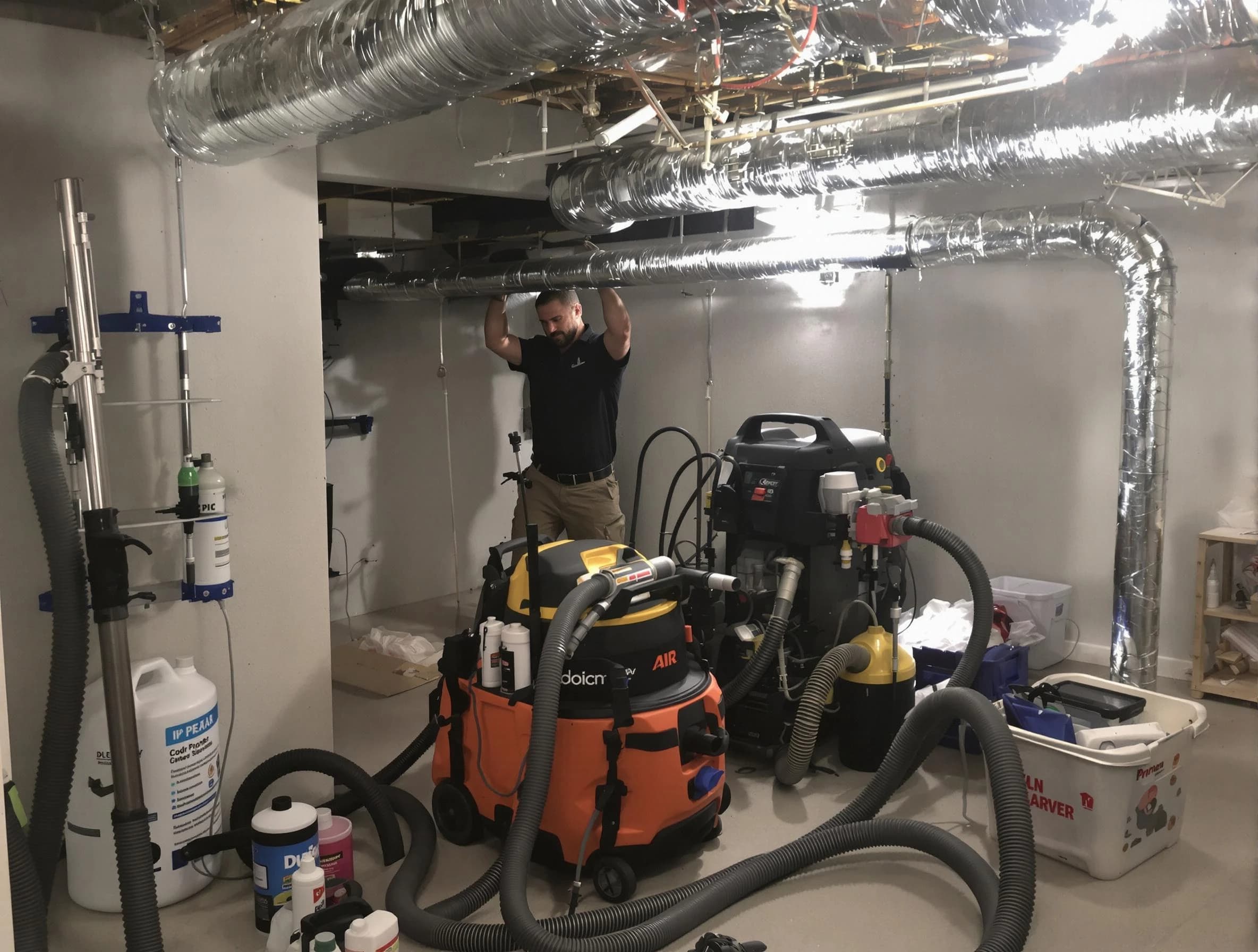 Fullerton Air Duct Cleaning specialist performing professional mold removal from air ducts using safety equipment in Fullerton