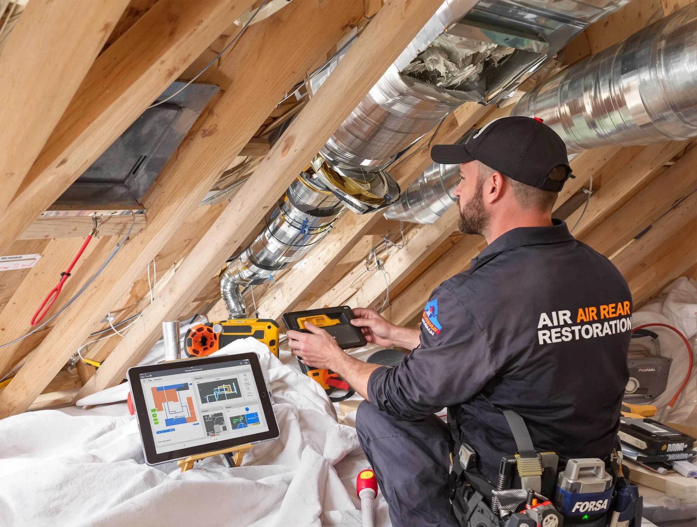 Fullerton Air Duct Cleaning technician performing precise duct repair work in Fullerton