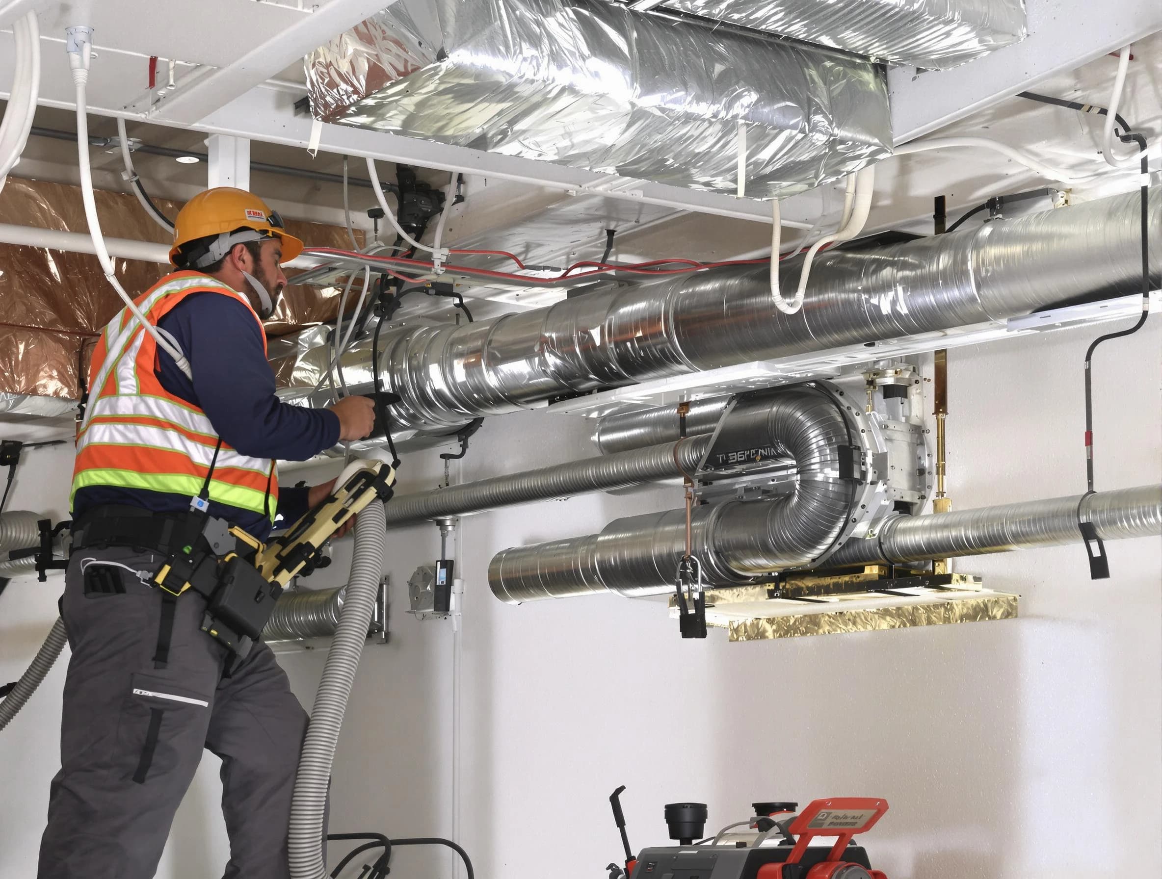 Fullerton Air Duct Cleaning technician performing precision vacuum insulation removal in a residential property in Fullerton